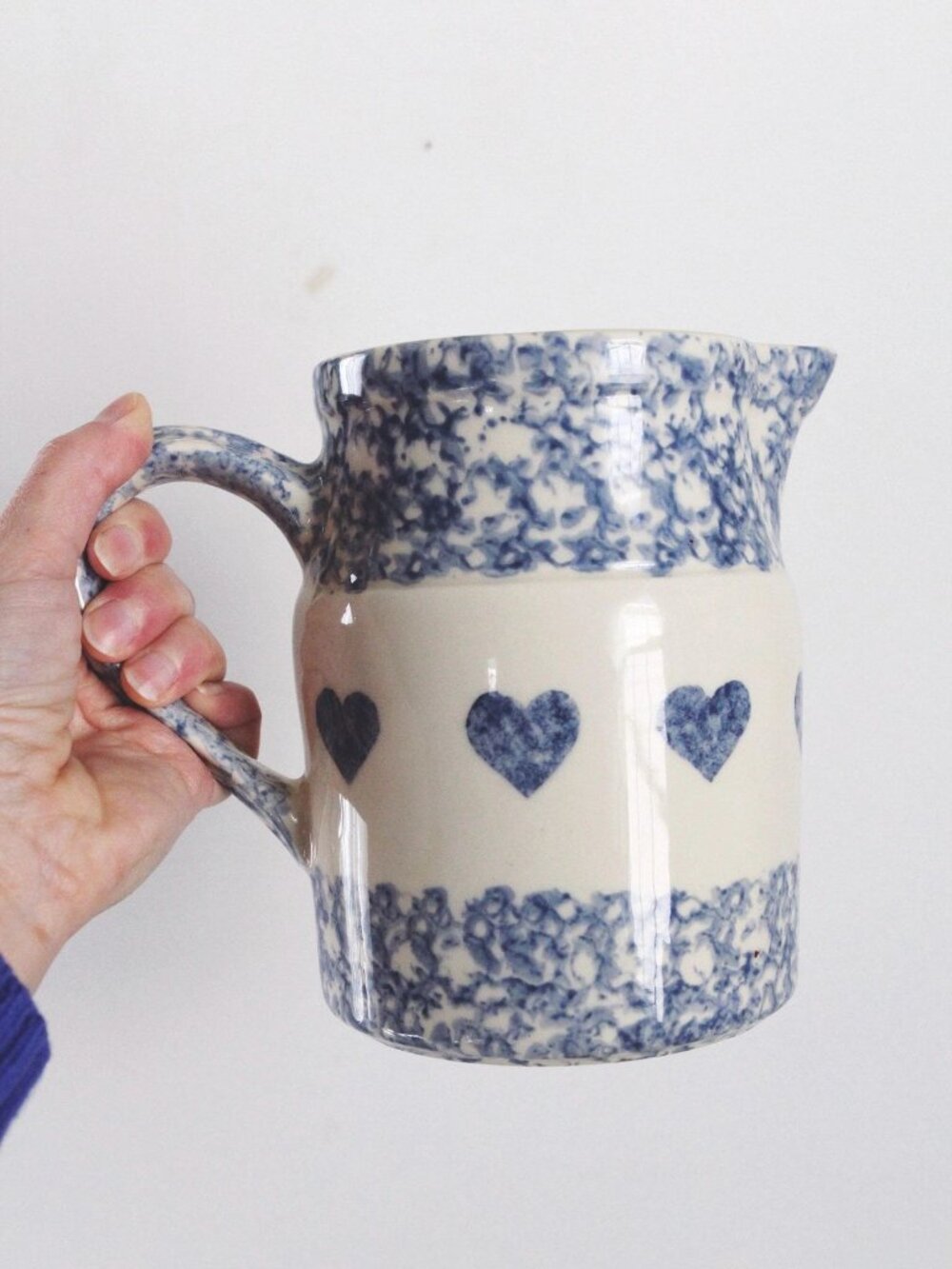 Vintage Friendship Pottery Gerald E. Henn Blue Spongeware Pitcher Heart Pattern